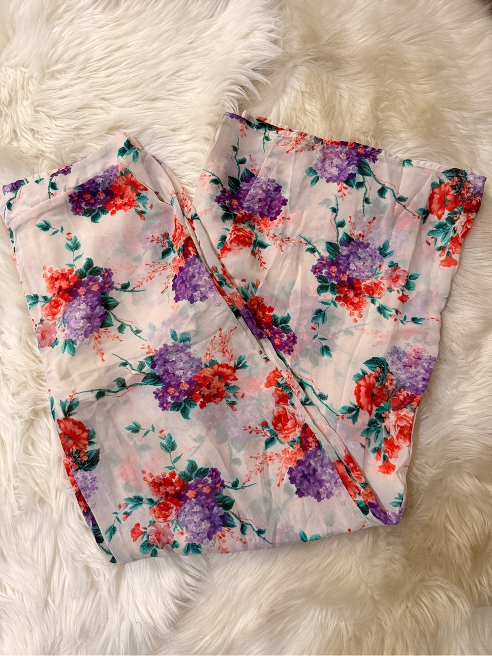 Forever 21 White Wide-Leg Pants with Purple & Red Floral Print